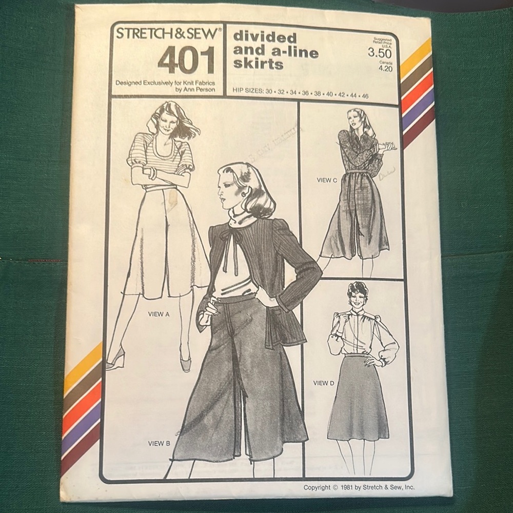 Stretch & sew pattern 401 divided and a-line skirts, like new